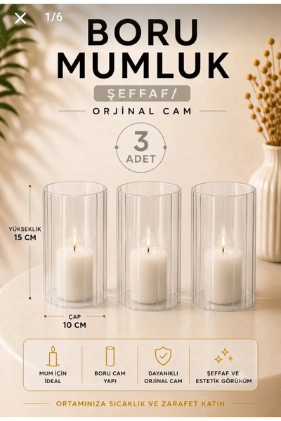 HİLALKRİSTAL Silindir cam mumluk (ORJİNAL ÇİZGİLİ CAM )3 Adet -10 cm *15 cm d...