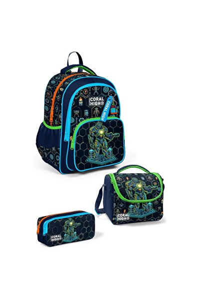 Coral High Navy Blue Robot Patterned 3-Piece School Bag Set 33246