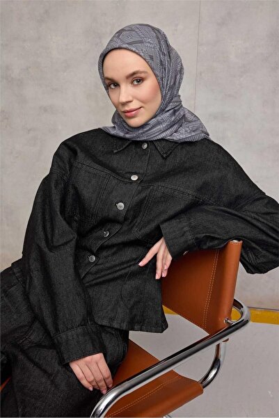 Silk Home وشاح ناعم من القطن والبوليستر باللون الرمادي الداكن بنمط هندسي مضاد...