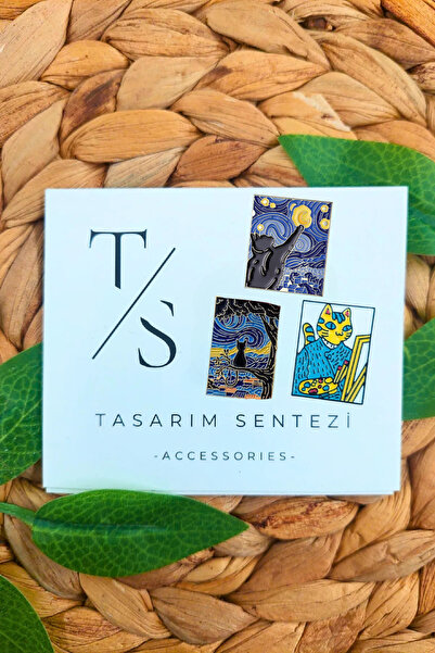 Tasarım Sentezi Rozet Metal Broş 3'lü Van Gogh Kedi Serisi Yağlı Boya Tablo R...