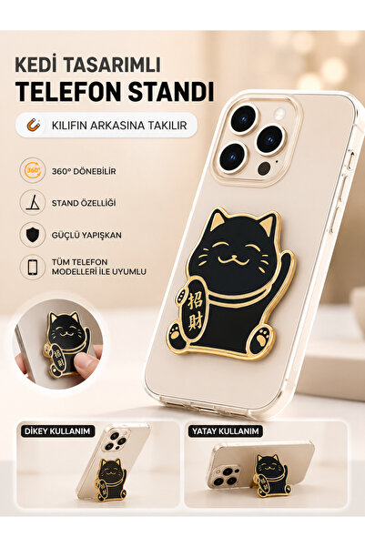 Hatreds Kedi Tasarımlı 360° Döner Yapışkanlı Telefon Kılıfı Standı Siyah