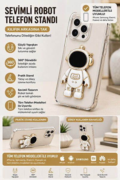 Hatreds Astronot Tasarımlı 360° Döner Yapışkanlı Telefon Kılıfı Standı Beyaz
