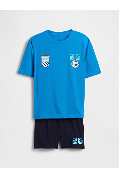 GAP Erkek Çocuk Mavi Recycled Oversized Futbol Baskılı Şort Pijama Seti