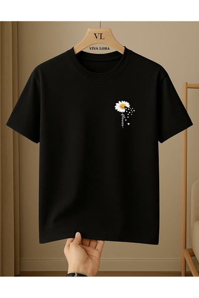 VİVA LORA White Daisy Flower Printed 100% Cotton Crew Neck Regular Women's T-Shirt