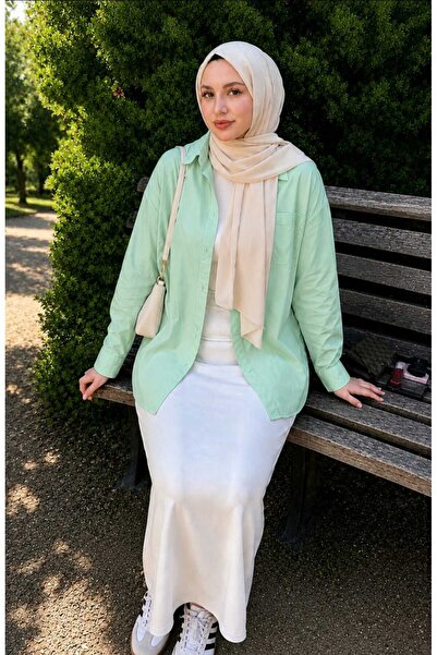 blackbonds Mintgreen Oversize Cotton Linen Shirt with Pockets Trendy Loose Dr...