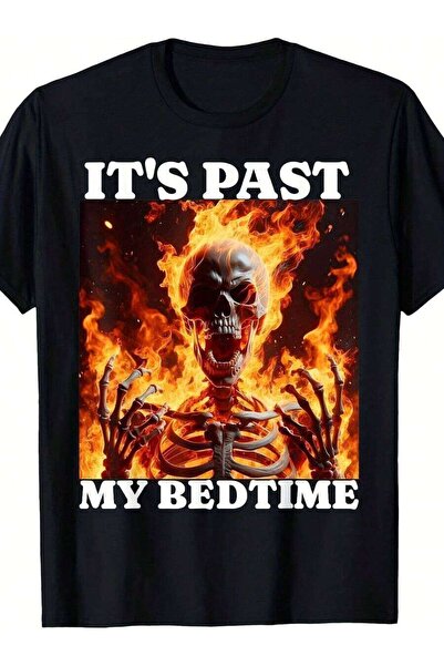 4Car تي شيرت رجالي بطبعة ميم "It's Past My Bedtime" وهيكل عظمي مع لهب، بتصميم...