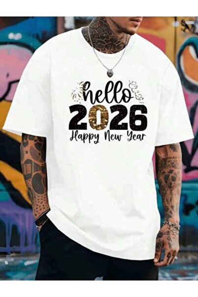 45 BPM تي شيرت رجالي بأكمام قصيرة من Hello 2026 Happy New Year ذو وجهين، مصنو...