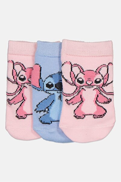 Disney Kids Girl 3 Pairs Stitch Graphic Print Ankle Socks, Multicolor