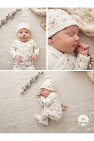 Gökçe Baby Teddy Bear Patterned Newborn 3-Piece Hospital Discharge Set