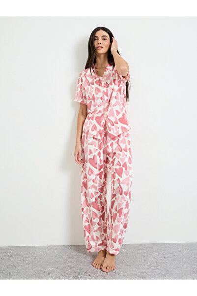Styli Pink Heart Print Shirt and Pyjama Set