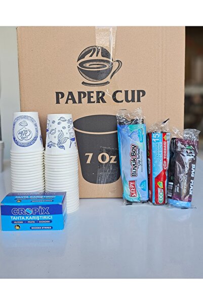 01 paper cup 7 Oz 1000 Adet Karton Bardak çöp poşeti ve tahta katıştırıcı