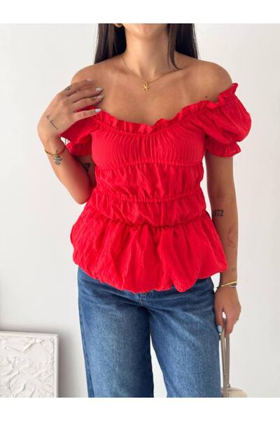 Butik Beyza Madonna Collar Ruffle Detailed Blouse – Women's Blouse with Off-S...