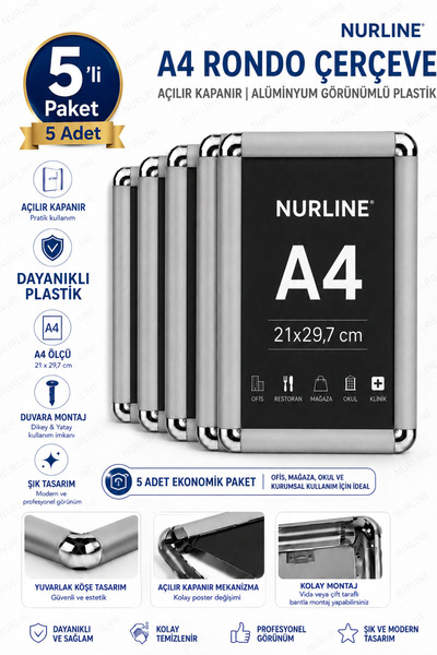 Nurline 5’li A4 Rondo Çerçeve Açılır Kapanır Alüminyum Görünümlü Plastik Post...