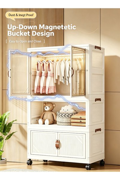 CozyBox White 80cm Wide Foldable Wardrobe Storage Cabinet with Large Wardrobe Section and 1 Tier Organizer