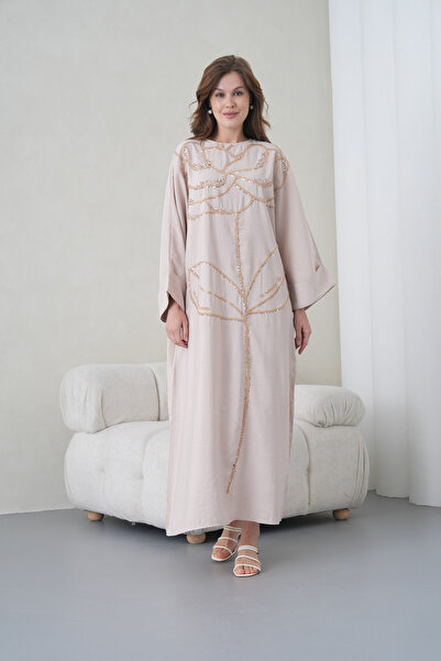 Miss Allos Women's Sequin Embroidered Linen Wide-Fit Long Dress