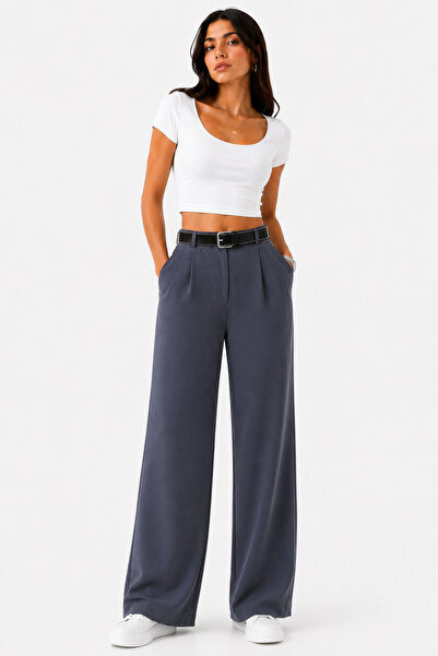 LAVİNİM Women's Pearl Palazzo Oversize Wide Cut Flowy Lycra Pants with Belt