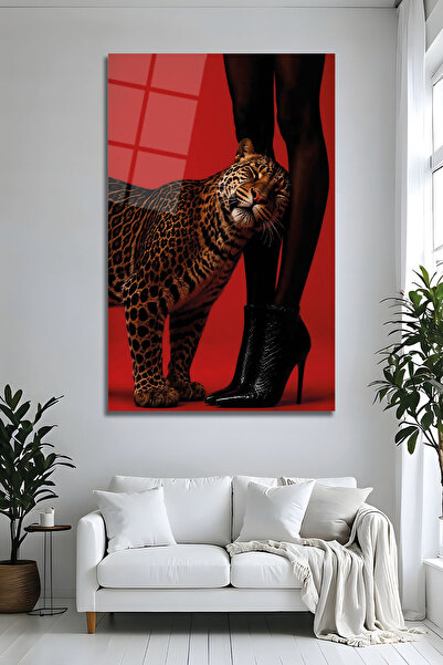 Parıltı Yayınları Kırmızı Arka Planlı Leopar Topuklu Ayakkabı Cam Tablo Lüks ...