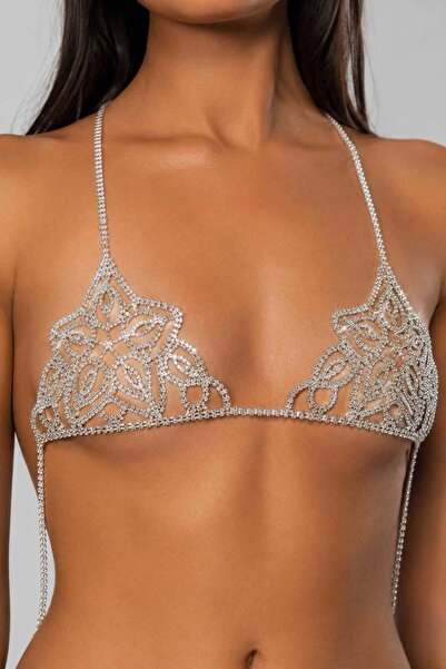 TAKIŞTIR Gümüş Renk Taş Detaylı Bikini Üstü /Bralet /Vücut Aksesuarı