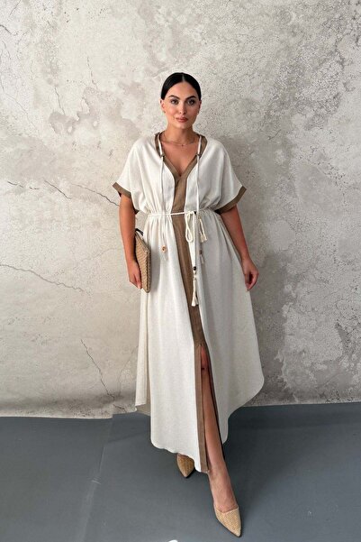 Elbee Fashion Woman Μπεζ φόρεμα Garni με λεπτομέρειες