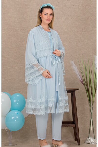 MOPİ Women's Cotton Maternity and Postpartum Pajama Set - 3-Piece Set with Nu...