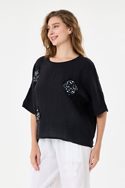 della moor Black Italian 100% Linen Stone Oversize Linen Blouse Size 38 - 42