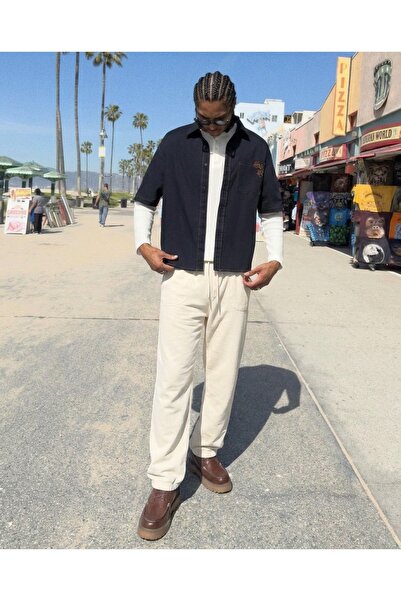 DAMGA JEANS بنطلون رجالي عالي الخصر من الكتان الأبيض المرن للاستخدام اليومي