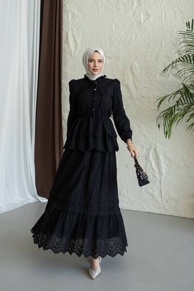 Nes Moda Kadın Katmanlı Büzgü Detaylı Fisto Brode Dantel Etek Gömlek Takım Te...