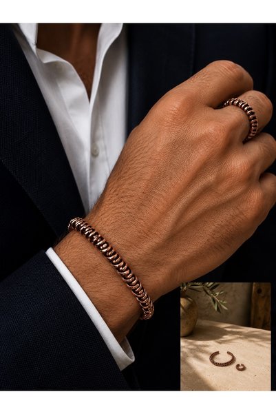 Sevil Gülgün Atelier سوار منسوج يدويًا من النحاس النقي - مزين بتفاصيل أكسيدية، قابل للتعديل، مصنوع يدويًا، للجنسين، سوار نحاسي حرفي