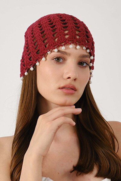C&City Pearl Detailed Perforated Summer Knitted Beanie Y8252 Burgundy