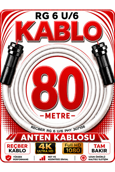 Reçber Anten Kablosu RG 6 U/6 307156 Tam Bakır Beyaz 80 METRE