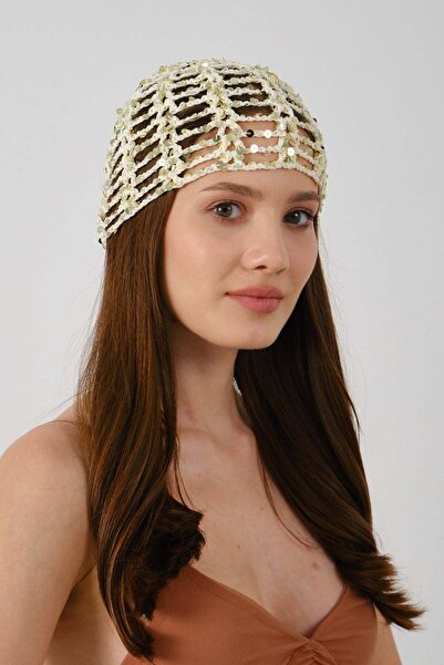 C&City Sequin Detailed Summer Knitted Beanie Y8248 Cream