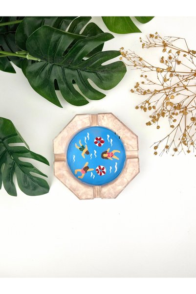 Ca.Gi Hand Painted Pool-Themed Liquid Glass Coated Decorative Ash Tray / Ashtray