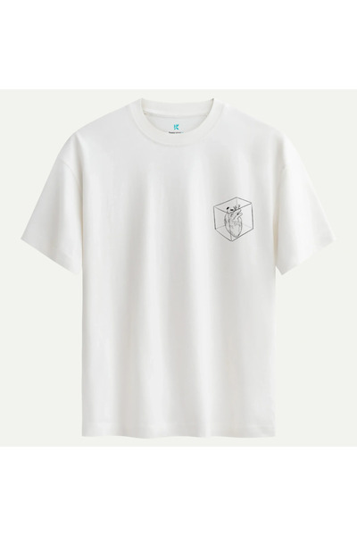 Oversize %100 Pamuk Unisex Heart In The Box Baskılı Tişört - Beyaz