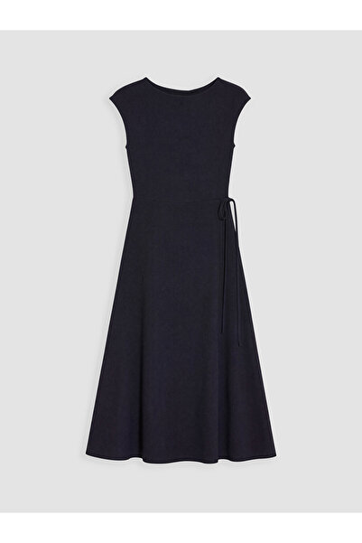 LC Waikiki Navy Blue Crew Neck Dress with Tie Waist and Textured Fabric