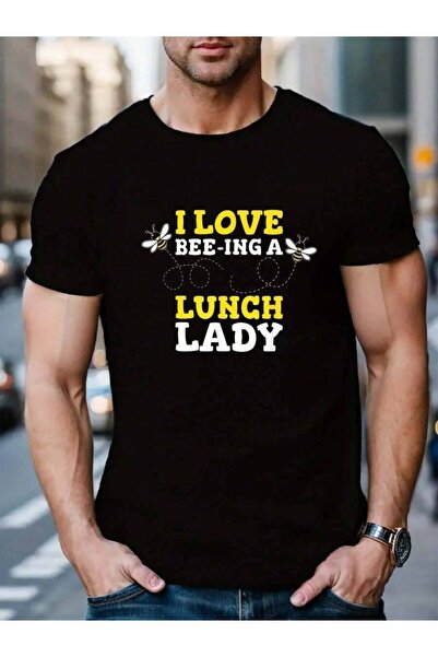 45 BPM تي شيرت رجالي أسود 100% قطن بطبعة I Love Bee-Ing A Lunch Lady Bee Love...