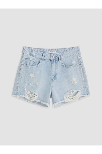 LC Waikiki Indigo Ripped Detailed Stoned Women's Jean Shorts