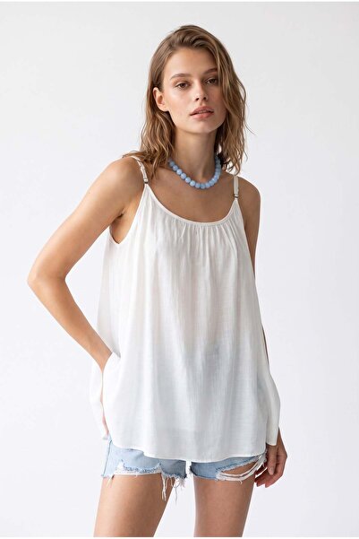 Mixray 2195 Women's Lined Strappy Modal Gathered Casual Blouse White