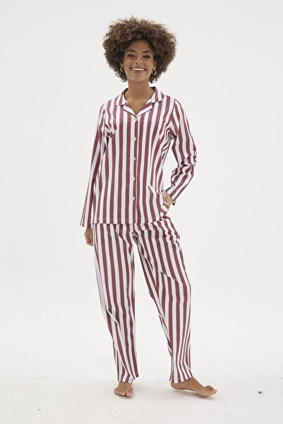 KLY Kadın Bordo Önden Düğmeli Çizgili Gaffur Pijama Takımı C4T3N04