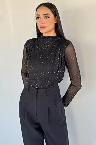 Aryena Black Women's High Collar Stone Embroidered Tulle Blouse