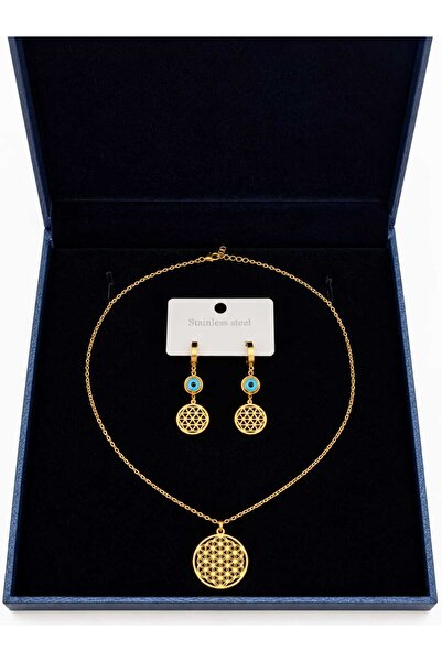 Genel Markalar Çelik gold renk yaşam çiçeği kolye ve küpe takı seti