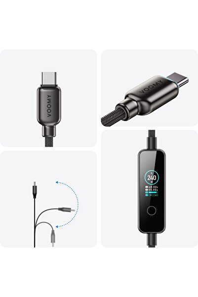 NO BRAND Voomy Connect C241 – cablu USB-C de 240W – afișaj LED – 1,2 m – negru