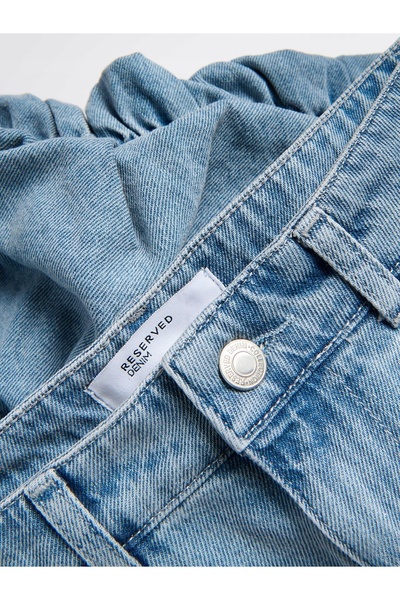 NO BRAND Fustă mini bufantă din denim albastru, cu buzunare din bumbac, m