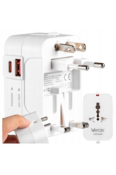 Vayox Adaptor de călătorie cu priză UK, SUA, UE, universal, încărcător USB-C