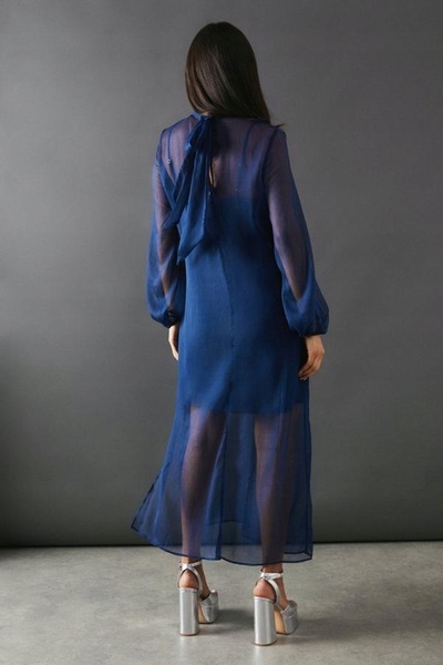 NO BRAND Rochie din șifon bleumarin, lungime midi, cu mâneci lungi și guler î...
