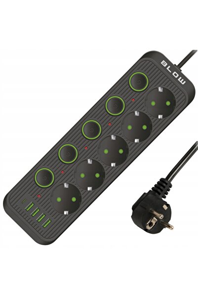 NO BRAND Prelungitor cu 5 prize, 4 porturi USB, 3m, USB Type-C, Negru, Încărc...