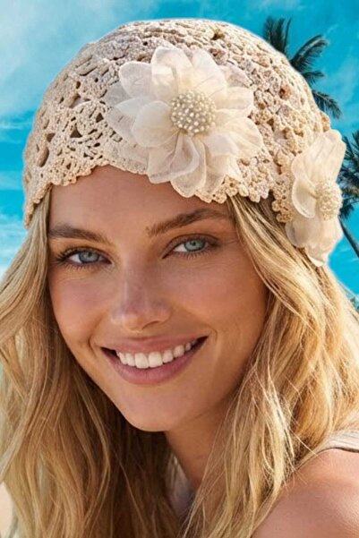 Mood Agenda Women's Floral Patterned Knitted Beanie Mesh Textured Bohemian Be...