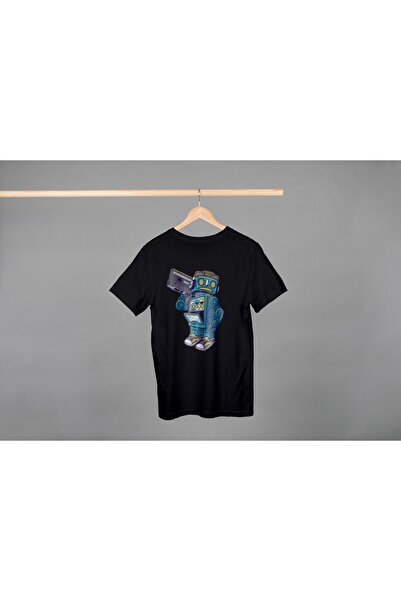 Noname Tricou Unisex Bumbac Premium Casual " Sticker robot " Inscriptie