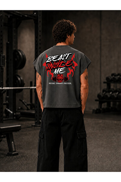 EVIus GYM Sporter Beast Inside Me Tricou cu imprimeu, supradimensionat, cu cr...