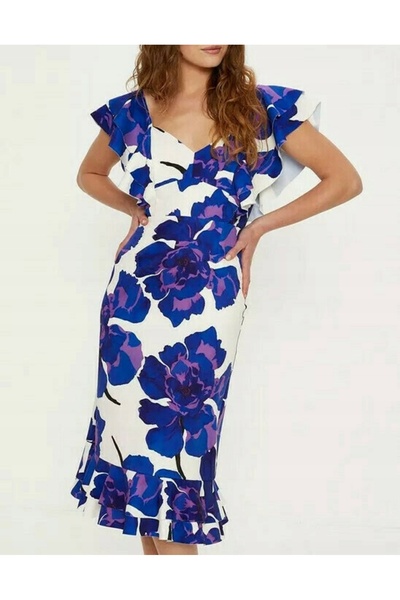 NO BRAND Rochie midi albă cu volane, design floral clasic, Oasis 40