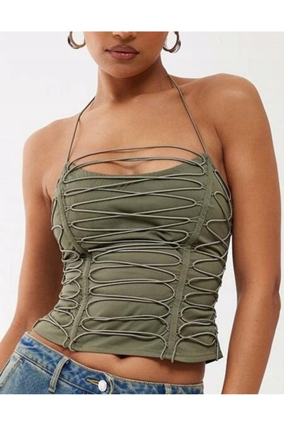 NO BRAND Top corset scurt verde, cu șireturi, mulat, cu fermoar, Prettylittle...